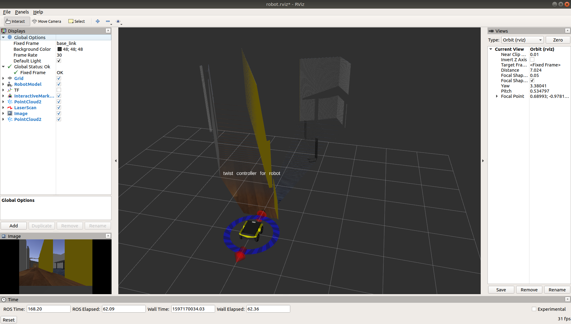 Jackal with a RealSense in rviz showing pointcloud and RGB topics